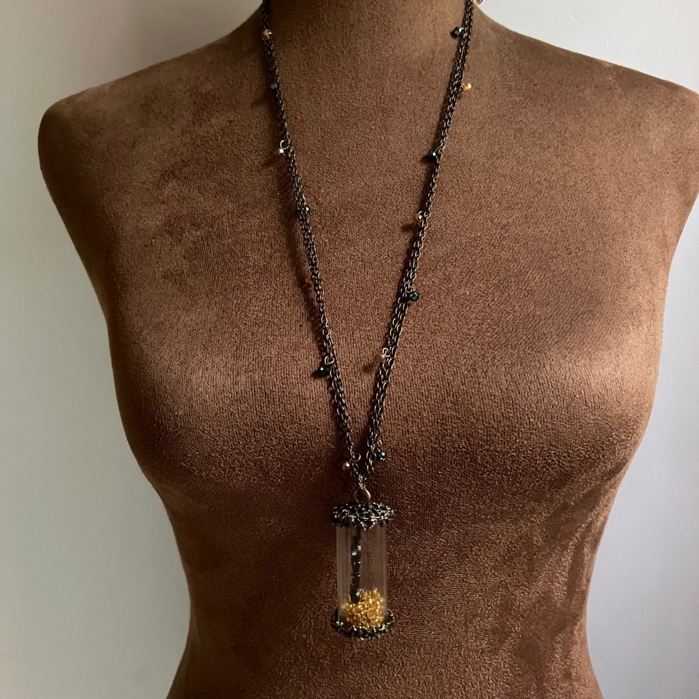 Vintage Steampunk Hourglass Pendant Necklace Bronze Tone 27 "